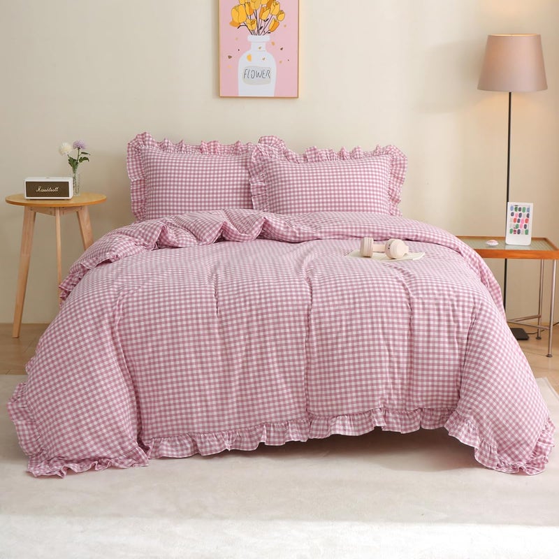 Silnuo Vintage Pink/White Plaid Ruffle 3-Piece Duvet Cover Set Queen Size,Washed Cotton Shabby Gingham Checkered Bedding Set Farmhouse Comforter Set - Image 1